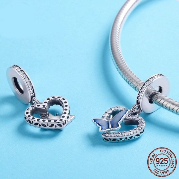 Blue Enamel Butterfly Heart Charm